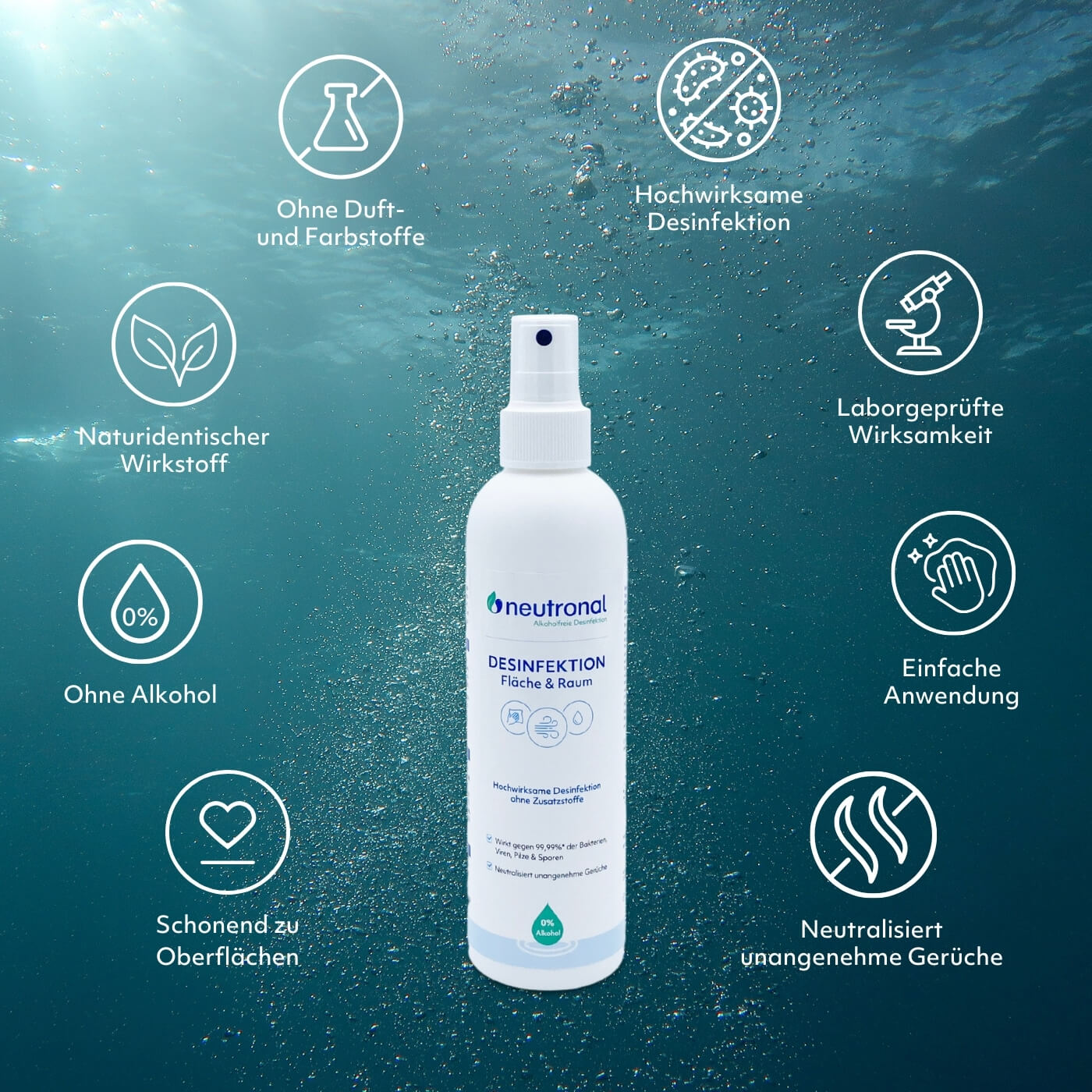 Alkoholfreie Desinfektion Fläche & Raum - 250 ml Sprühflasche